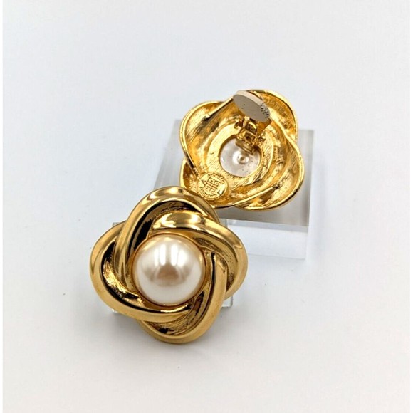 Vintage Givenchy Gold Tone Faux Pearl Statement Clip On Earrings 80's Marked - Picture 8 of 15